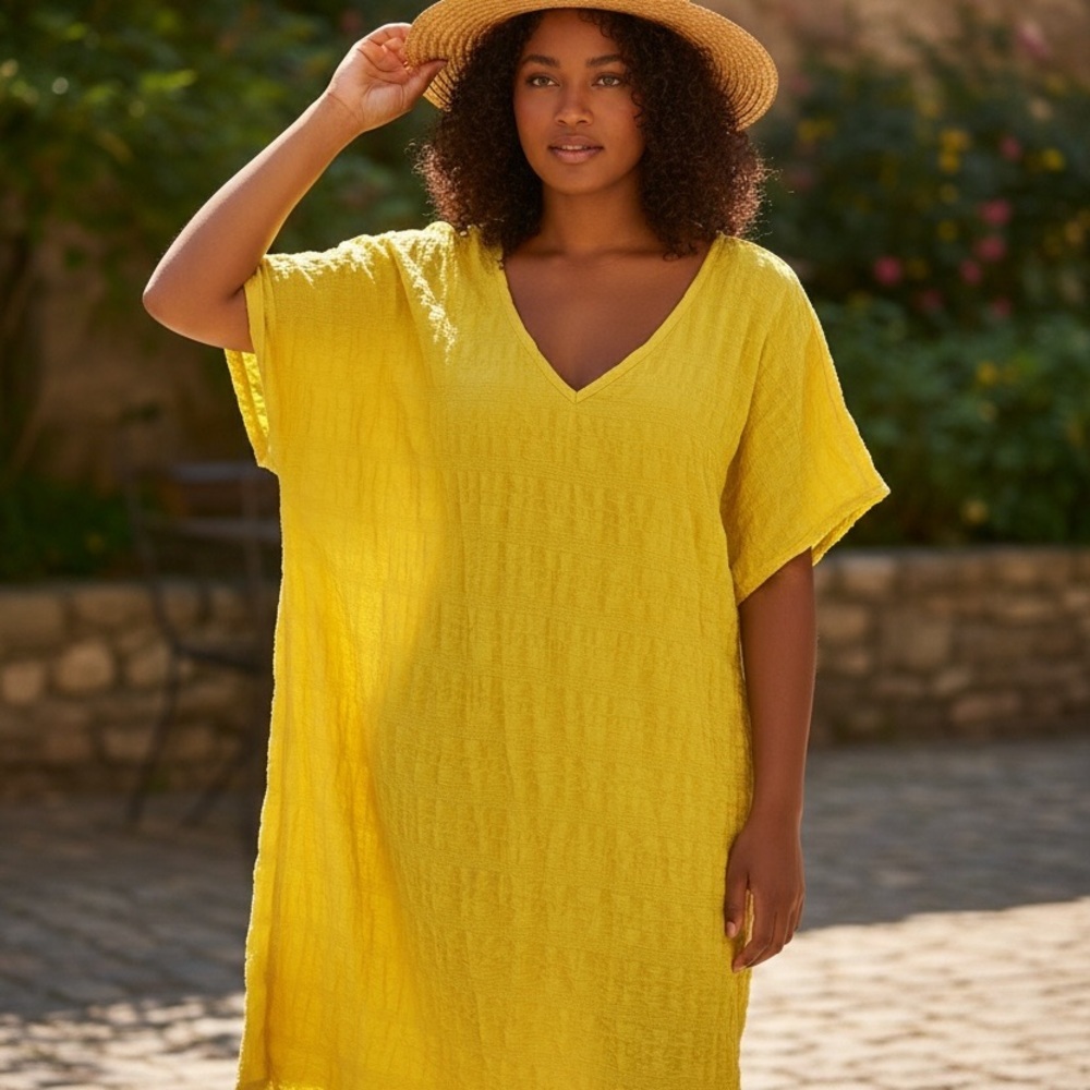Plus Size Bright Yellow V-Neck Textured Dress – Size 3XL
